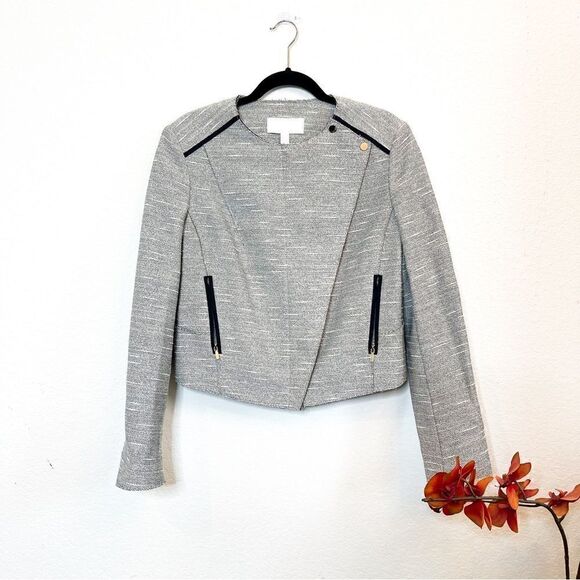 🍋 Boss Hugo Boss •Women’s Grey Cotton Tweed Moto Jacket Size 10 - Picture 1 of 9